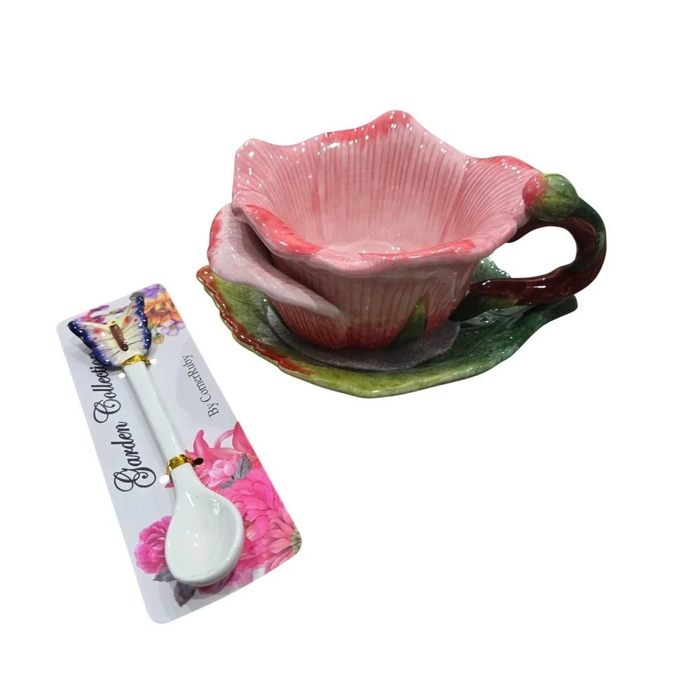 CornerRuby Garden Collection Pink Rose Tea Cup Leaf Saucer Butterfly Spoon‎ Set